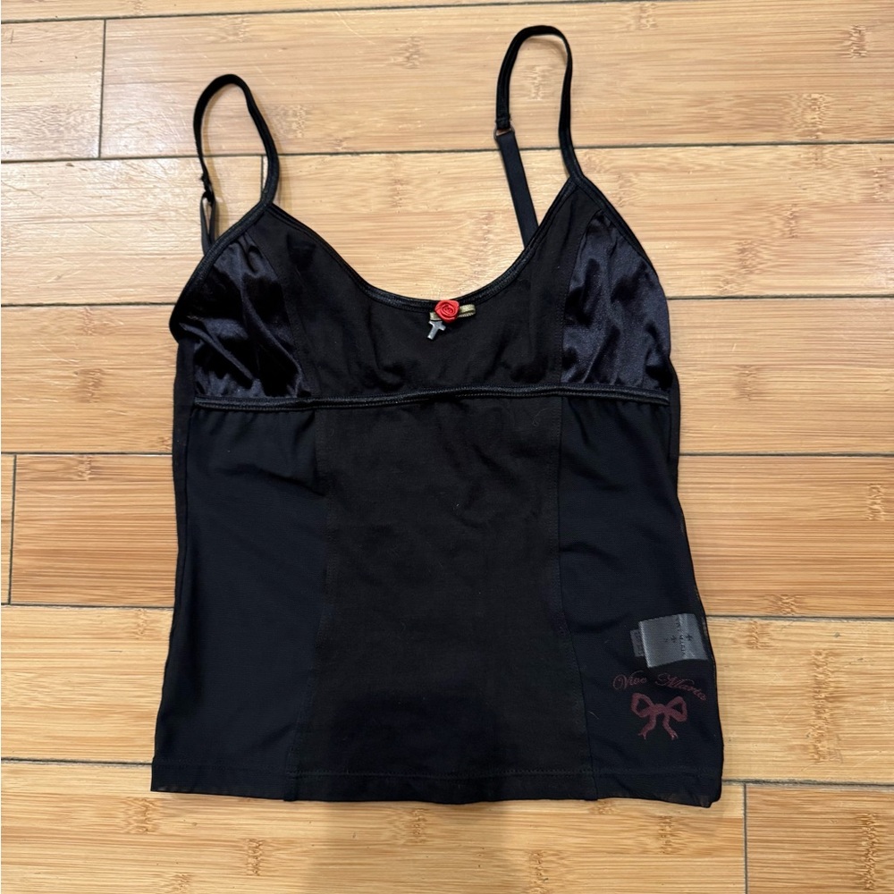 Vive Maria vintage black mesh detail tank top with red rose and cross size S